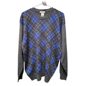 Tagio Men's XL Argyle Sweater Gray Blue Argyle Long Sleeve Wool Blend **FLAW**